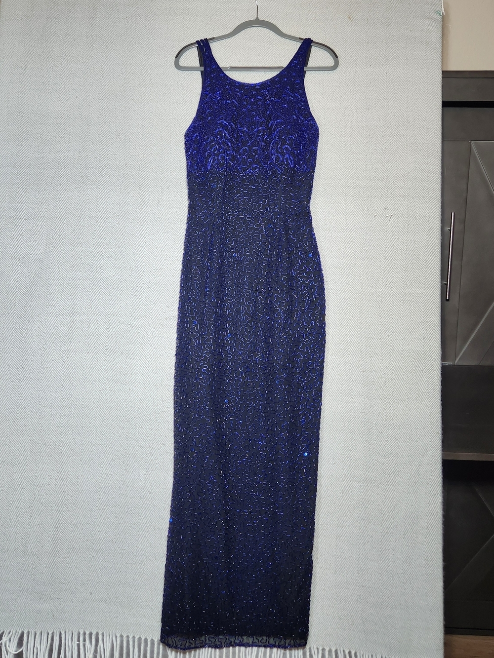 Vtg Andretta Donatello Royal Blue Silk, Glass Beaded Maxi Dress Med Read